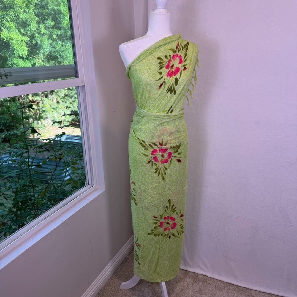 Hawaiian Floral Sarong Wrap Cover Up Scarf Pareo Fringe Beach Resort Green